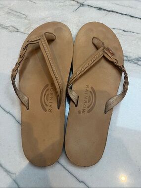 Rainbow Tan Leather Braided Thong Sandals